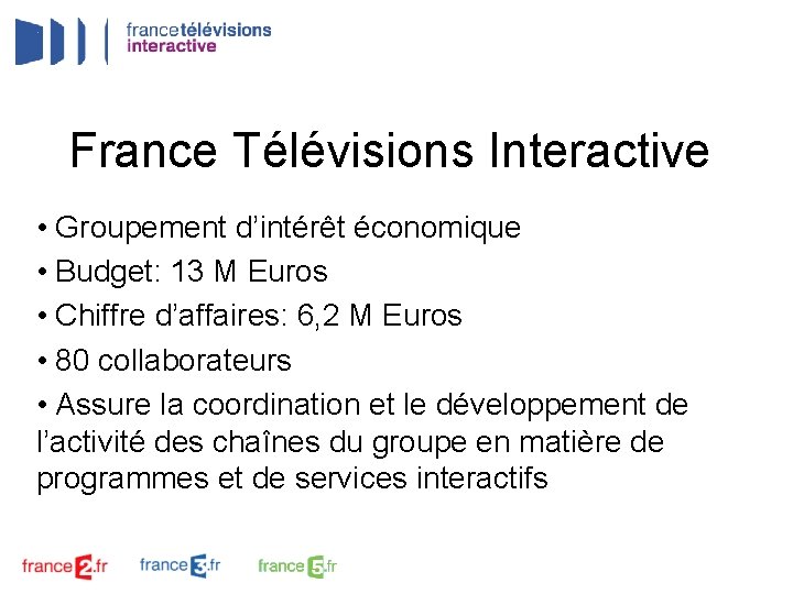 France Télévisions Interactive • Groupement d’intérêt économique • Budget: 13 M Euros • Chiffre