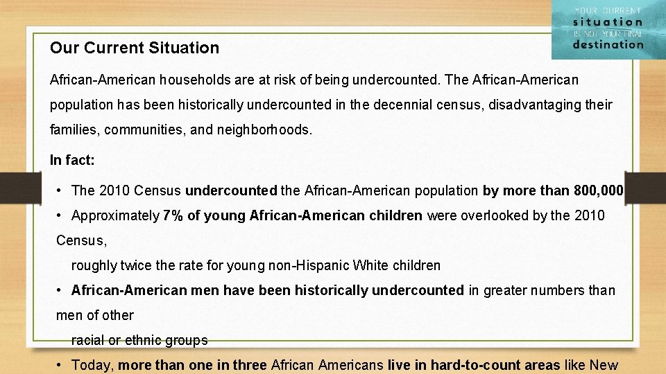 Our Current Situation African-American households are at risk of being undercounted. The African-American population