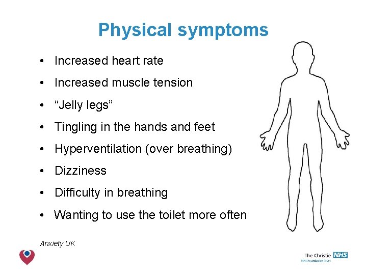 Physical symptoms • Increased heart rate • Increased muscle tension • “Jelly legs” •