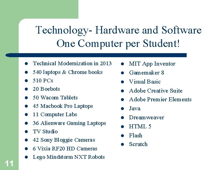 Technology- Hardware and Software One Computer per Student! l l l 11 l Technical