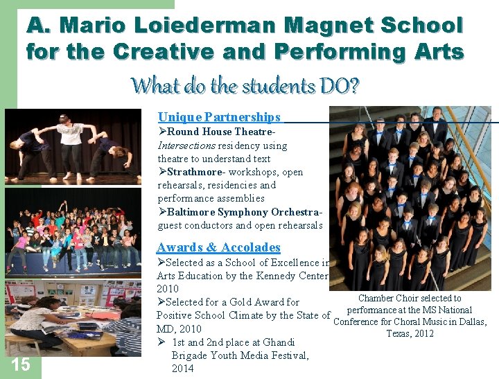 A. Mario Loiederman Magnet School for the Creative and Performing Arts What do the