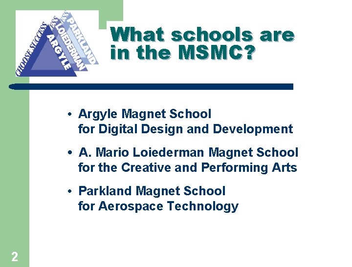 What schools are in the MSMC? • Argyle Magnet School for Digital Design and