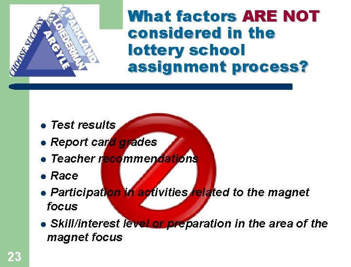 What factors ARE NOT considered in the lottery school assignment process? Test results l