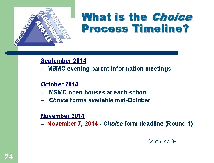 What is the Choice Process Timeline? September 2014 – MSMC evening parent information meetings