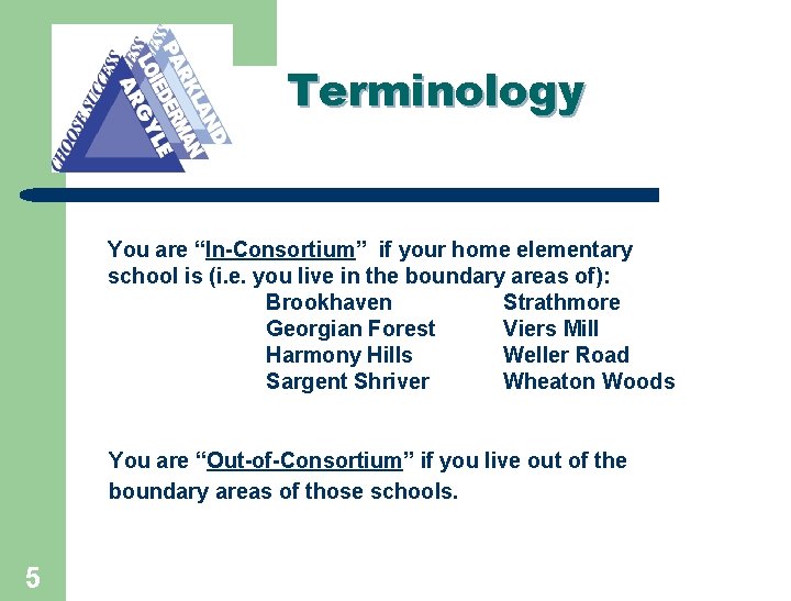 Terminology You are “In-Consortium” if your home elementary school is (i. e. you live