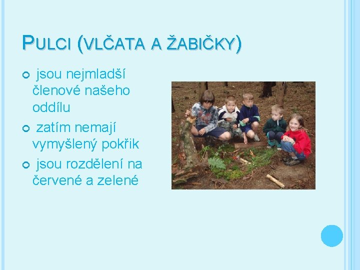 PULCI (VLČATA A ŽABIČKY) jsou nejmladší členové našeho oddílu zatím nemají vymyšlený pokřik jsou PULCI (VLČATA A ŽABIČKY) jsou nejmladší členové našeho oddílu zatím nemají vymyšlený pokřik jsou