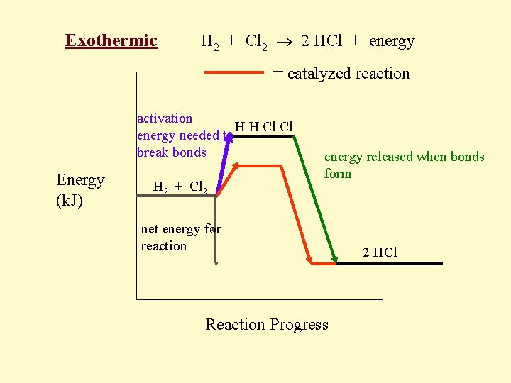 Exothermic H 2 + Cl 2 2 HCl + energy = catalyzed reaction activation