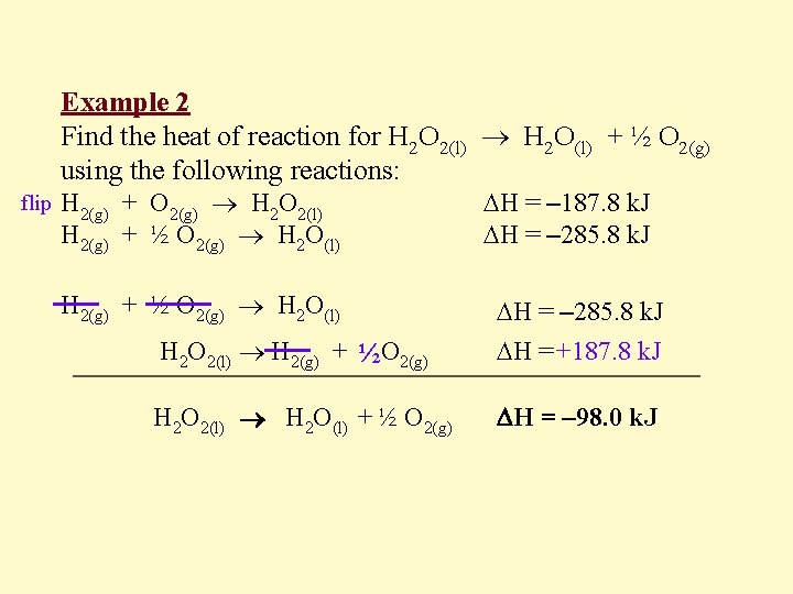 Example 2 Find the heat of reaction for H 2 O 2(l) H 2