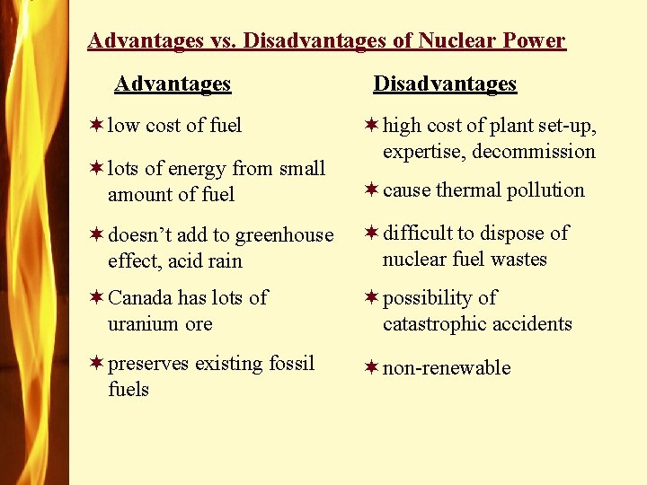Advantages vs. Disadvantages of Nuclear Power Advantages ¬ low cost of fuel ¬ lots