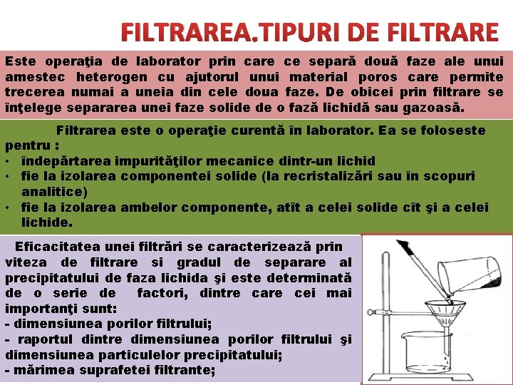 FILTRAREA. TIPURI DE FILTRARE Este operaţia de laborator prin care ce separă două faze