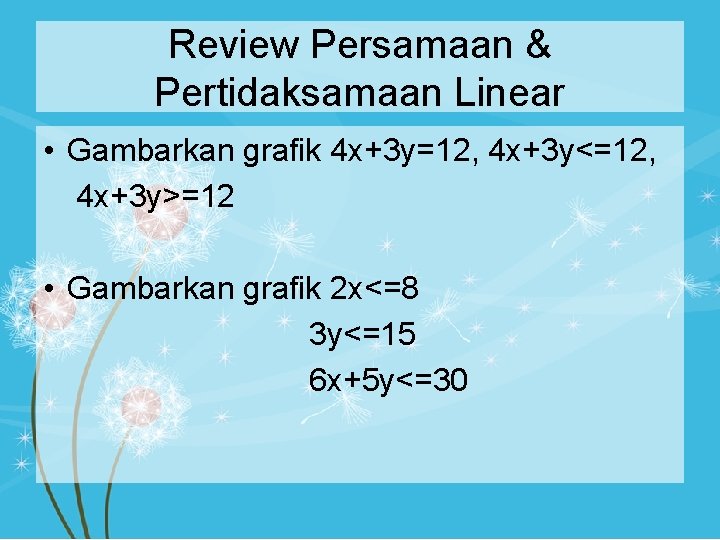 Review Persamaan & Pertidaksamaan Linear • Gambarkan grafik 4 x+3 y=12, 4 x+3 y<=12,