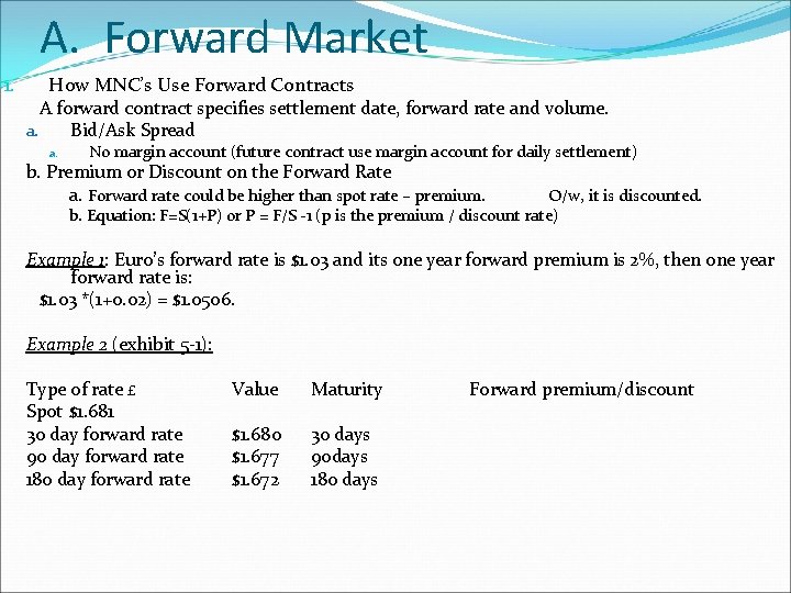 A. Forward Market 1. How MNC’s Use Forward Contracts A forward contract specifies settlement A. Forward Market 1. How MNC’s Use Forward Contracts A forward contract specifies settlement
