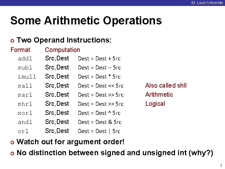 St. Louis University Some Arithmetic Operations ¢ Two Operand Instructions: Format addl subl imull