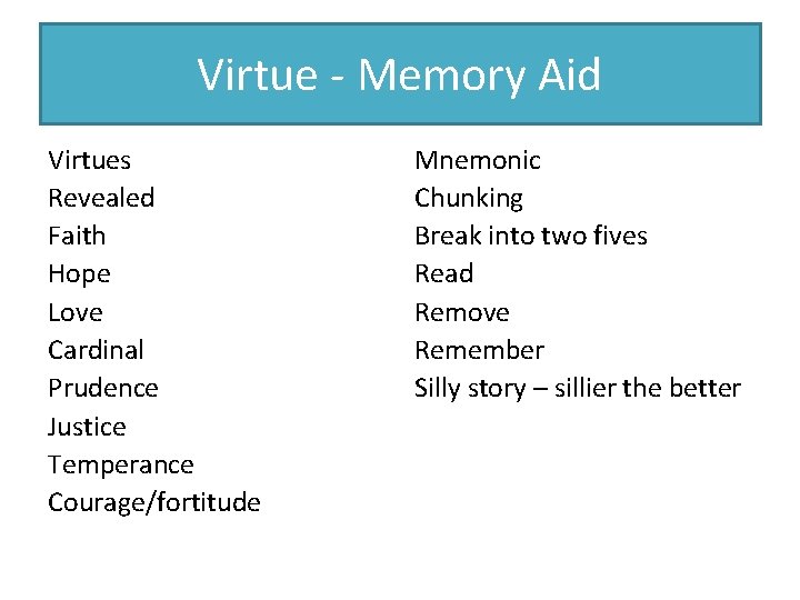 Virtue - Memory Aid Virtues Revealed Faith Hope Love Cardinal Prudence Justice Temperance Courage/fortitude