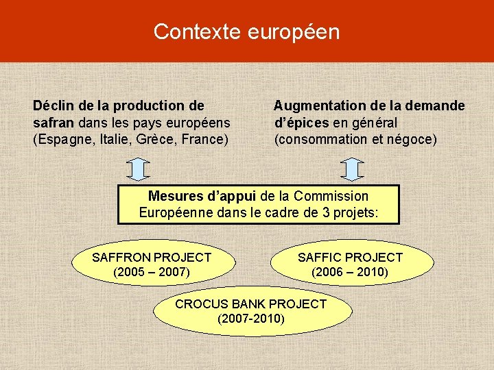 Contexte européen Déclin de la production de safran dans les pays européens (Espagne, Italie,