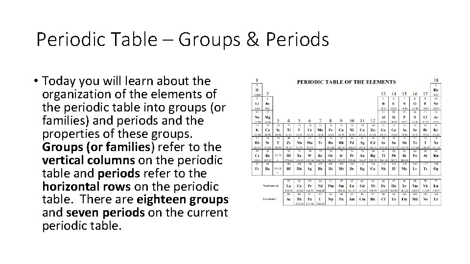 Periodic Table – Groups & Periods • Today you will learn about the organization
