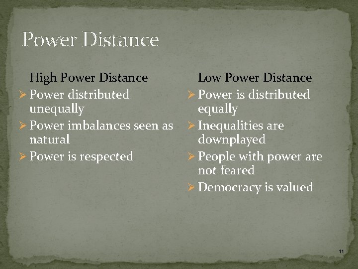 Power Distance High Power Distance Ø Power distributed unequally Ø Power imbalances seen as