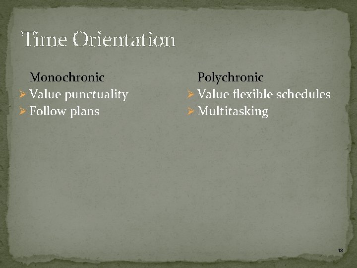 Time Orientation Monochronic Ø Value punctuality Ø Follow plans Polychronic Ø Value flexible schedules