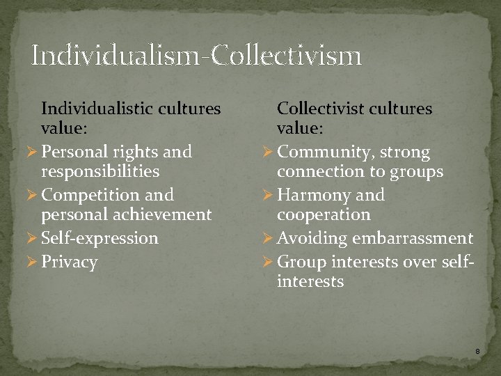 Individualism-Collectivism Individualistic cultures value: Ø Personal rights and responsibilities Ø Competition and personal achievement