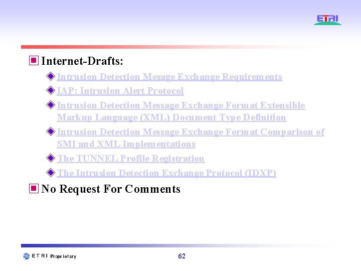 ▣ Internet-Drafts: ◈ Intrusion Detection Mesage Exchange Requirements ◈ IAP: Intrusion Alert Protocol ◈ ▣ Internet-Drafts: ◈ Intrusion Detection Mesage Exchange Requirements ◈ IAP: Intrusion Alert Protocol ◈