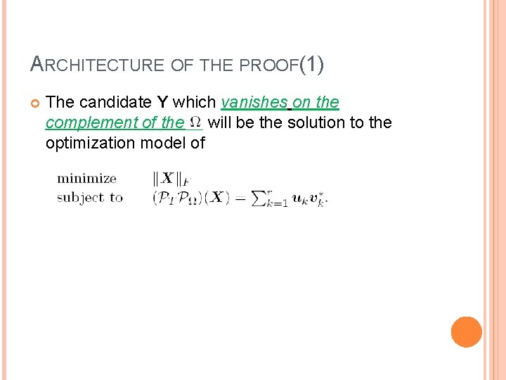 ARCHITECTURE OF THE PROOF(1) The candidate Y which vanishes on the complement of the