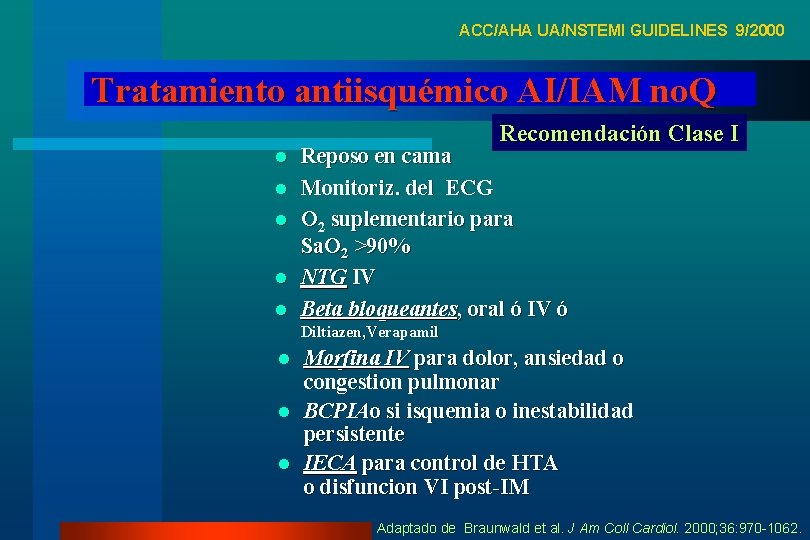 ACC/AHA UA/NSTEMI GUIDELINES 9/2000 Tratamiento antiisquémico AI/IAM no. Q l l l Recomendación Clase