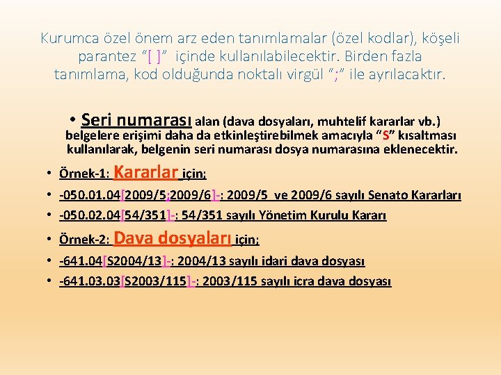 Kurumca özel önem arz eden tanımlamalar (özel kodlar), köşeli parantez “[ ]” içinde kullanılabilecektir.