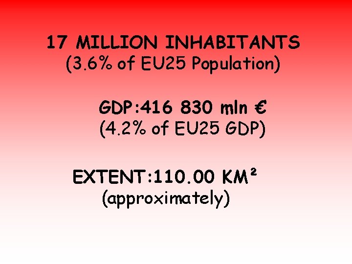 17 MILLION INHABITANTS (3. 6% of EU 25 Population) GDP: 416 830 mln €
