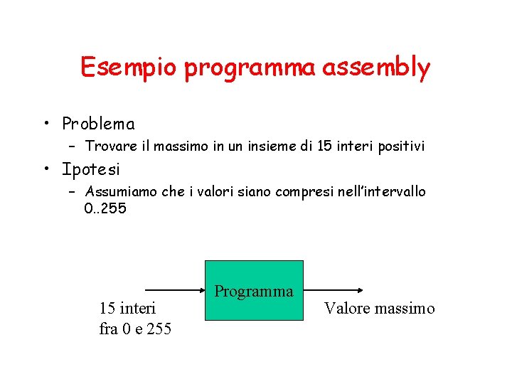 Esempio programma assembly • Problema – Trovare il massimo in un insieme di 15