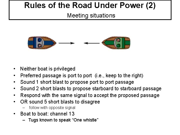 Rules of the Road Under Power (2) Meeting situations • • • Neither boat