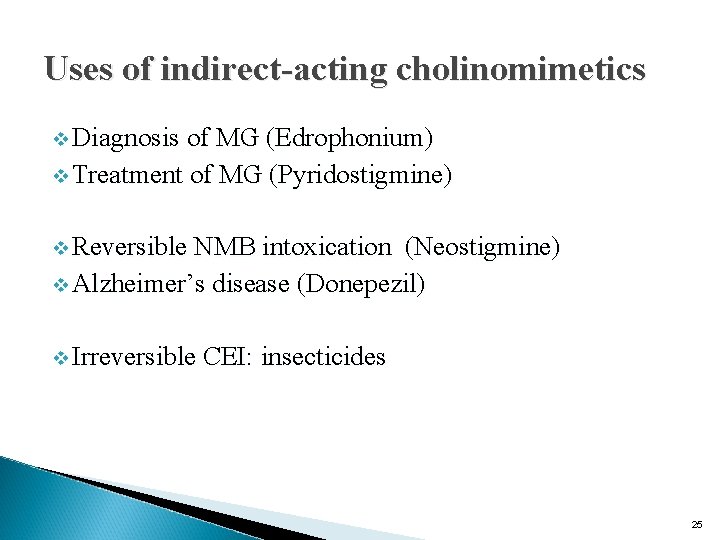 Uses of indirect-acting cholinomimetics v Diagnosis of MG (Edrophonium) v Treatment of MG (Pyridostigmine) Uses of indirect-acting cholinomimetics v Diagnosis of MG (Edrophonium) v Treatment of MG (Pyridostigmine)