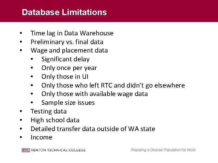Database Limitations • • Time lag in Data Warehouse Preliminary vs. final data Wage
