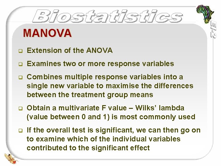 MANOVA q Extension of the ANOVA q Examines two or more response variables q MANOVA q Extension of the ANOVA q Examines two or more response variables q