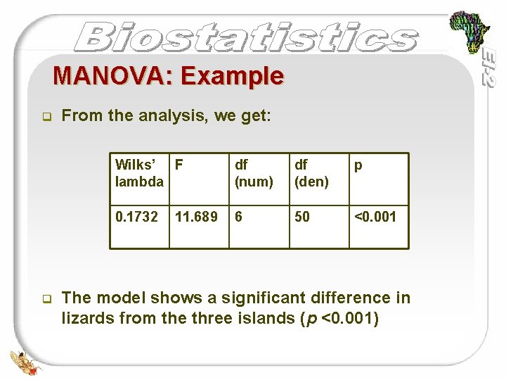 MANOVA: Example q q From the analysis, we get: Wilks’ F lambda df (num) MANOVA: Example q q From the analysis, we get: Wilks’ F lambda df (num)