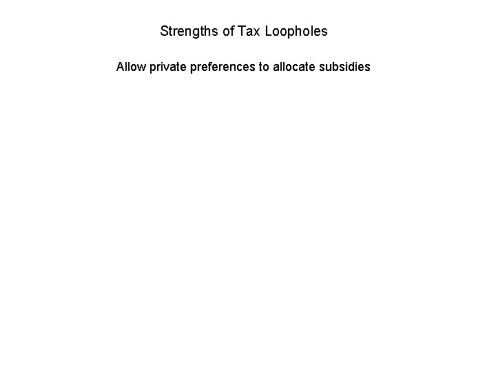 Strengths of Tax Loopholes Allow private preferences to allocate subsidies 