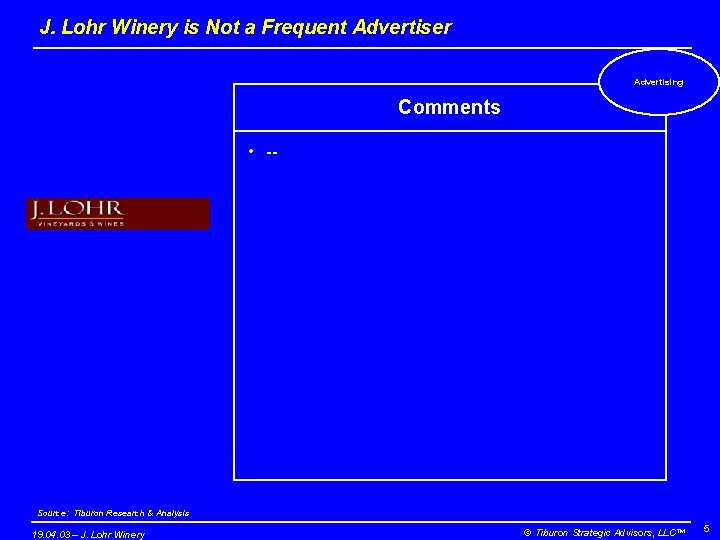 J. Lohr Winery is Not a Frequent Advertiser Advertising Comments • -- Source: Tiburon