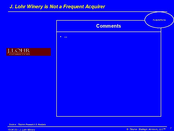 J. Lohr Winery is Not a Frequent Acquirer Acquisitions Comments • -- Source: Tiburon
