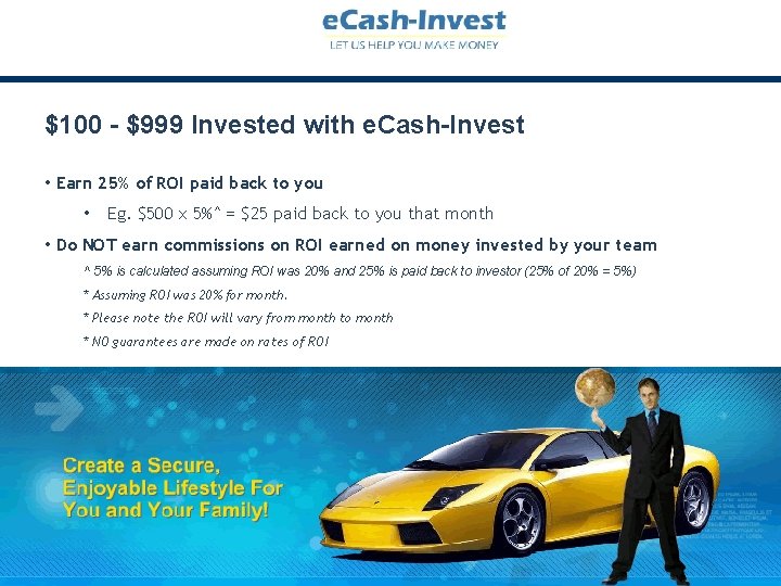 $100 - $999 Invested with e. Cash-Invest • Earn 25% of ROI paid back