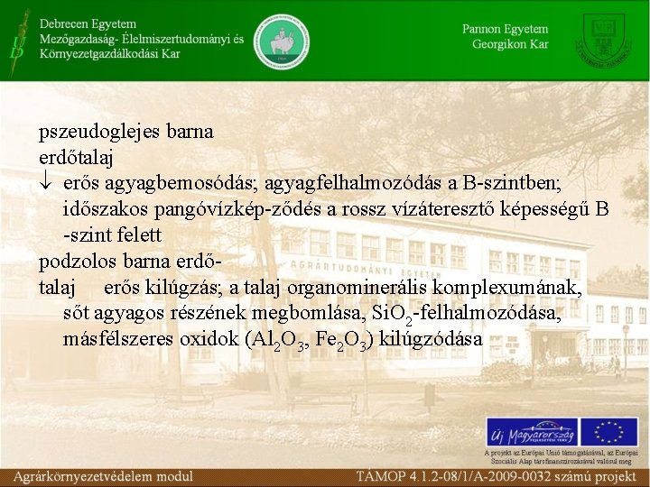 pszeudoglejes barna erdőtalaj erős agyagbemosódás; agyagfelhalmozódás a B-szintben; időszakos pangóvízkép-ződés a rossz vízáteresztő képességű