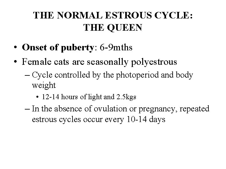 THE NORMAL ESTROUS CYCLE: THE QUEEN • Onset of puberty: 6 -9 mths • THE NORMAL ESTROUS CYCLE: THE QUEEN • Onset of puberty: 6 -9 mths •