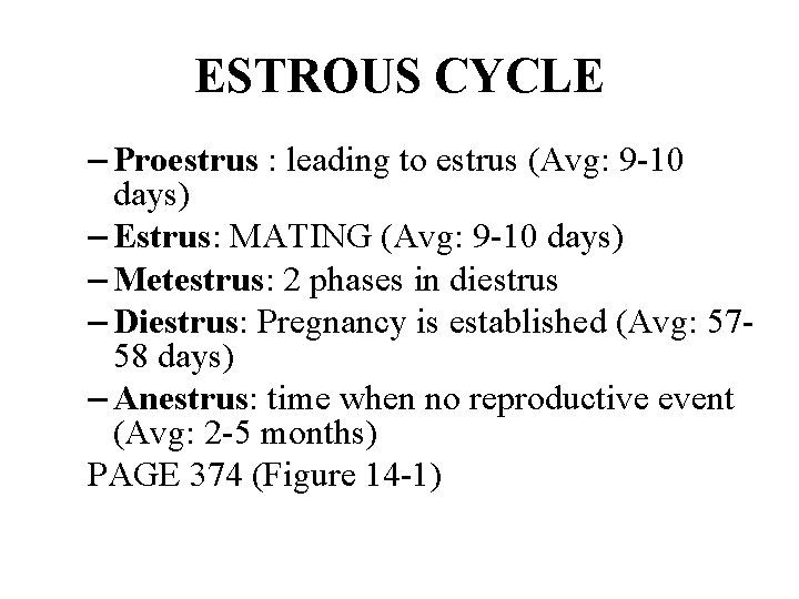 ESTROUS CYCLE – Proestrus : leading to estrus (Avg: 9 -10 days) – Estrus: ESTROUS CYCLE – Proestrus : leading to estrus (Avg: 9 -10 days) – Estrus: