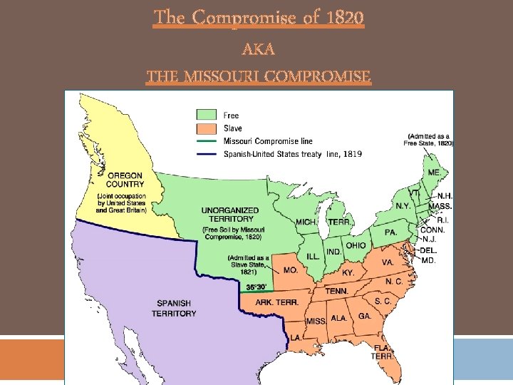 The Compromise of 1820 AKA THE MISSOURI COMPROMISE 