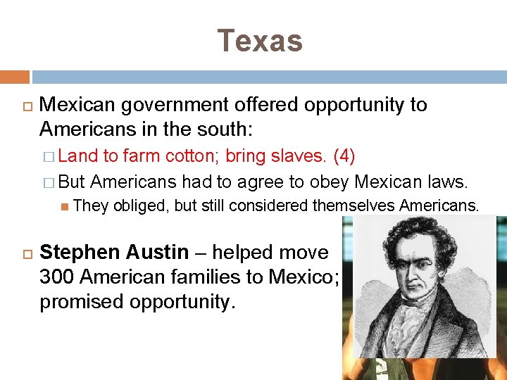 Texas Mexican government offered opportunity to Americans in the south: � Land to farm