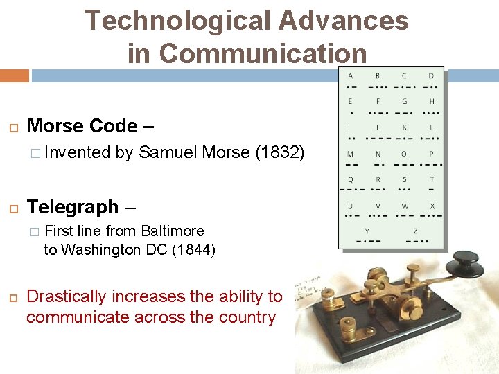 Technological Advances in Communication Morse Code – � Invented Telegraph – � by Samuel