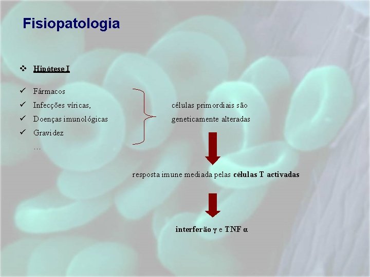 Fisiopatologia v Hipótese I Fármacos Infecções víricas, células primordiais são Doenças imunológicas geneticamente alteradas Fisiopatologia v Hipótese I Fármacos Infecções víricas, células primordiais são Doenças imunológicas geneticamente alteradas