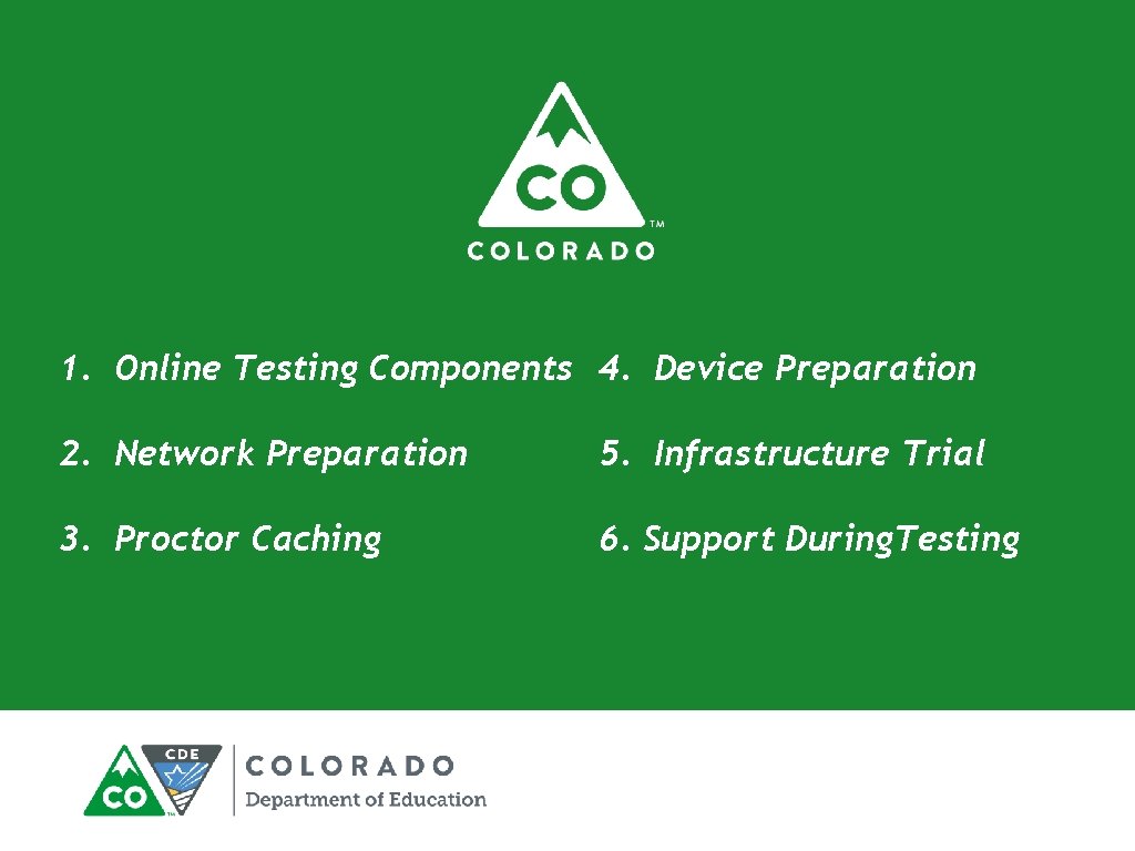 1. Online Testing Components 4. Device Preparation 2. Network Preparation 5. Infrastructure Trial 3.