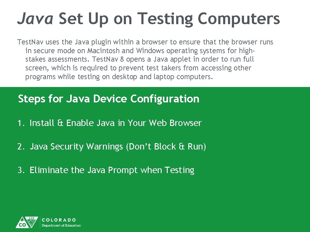 Java Set Up on Testing Computers Test. Nav uses the Java plugin within a