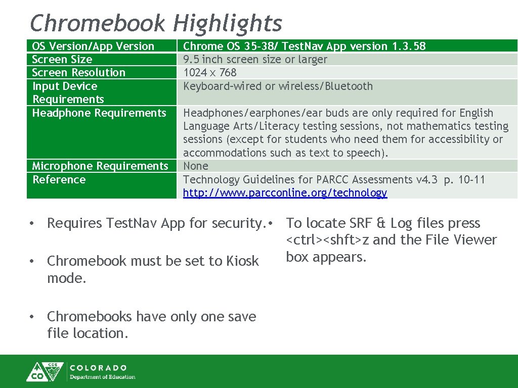 Chromebook Highlights OS Version/App Version Screen Size Screen Resolution Input Device Requirements Headphone Requirements