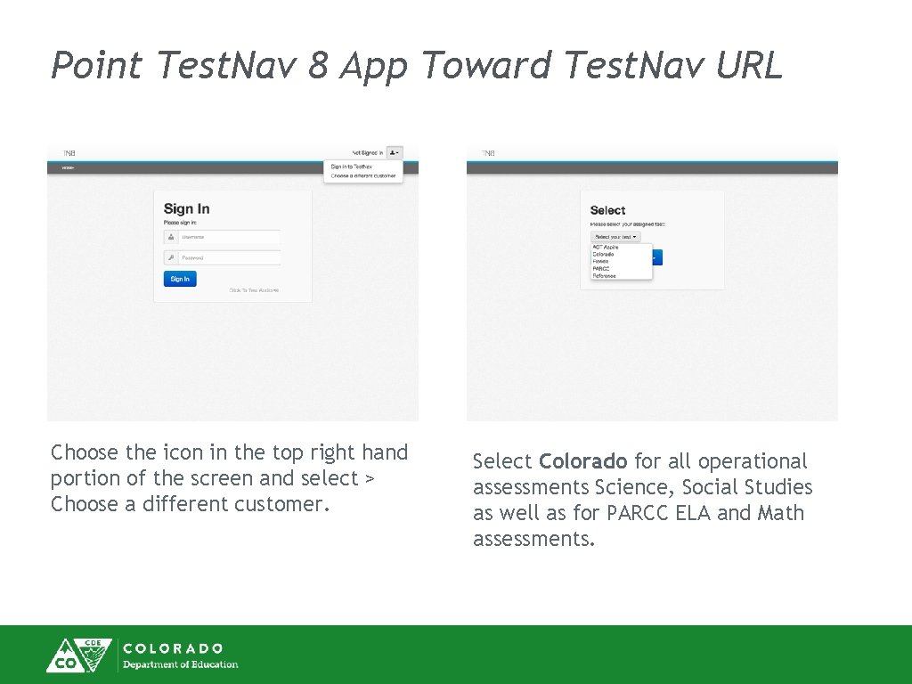 Point Test. Nav 8 App Toward Test. Nav URL Choose the icon in the