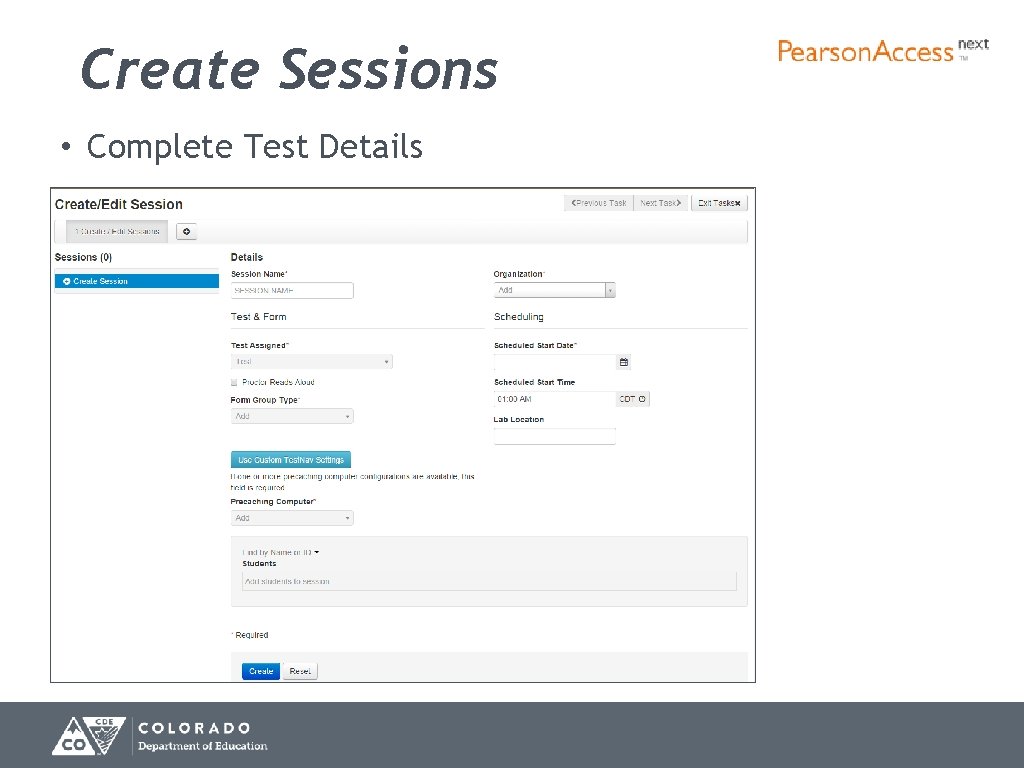 Create Sessions • Complete Test Details 72 